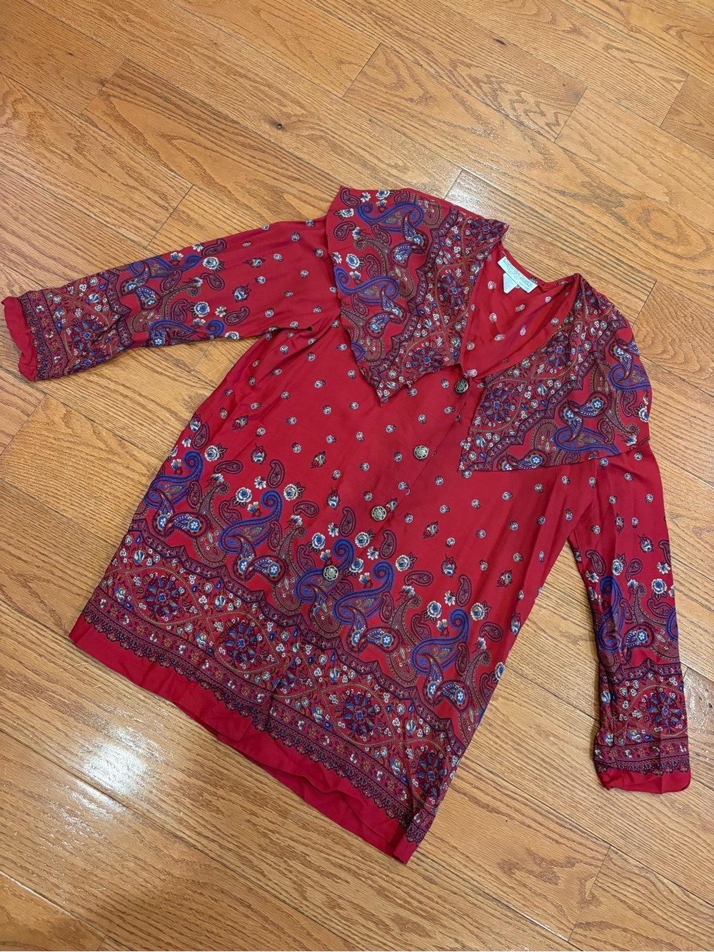 Vintage Christina James New York Red Paisley Button Front Tunic Blouse | Medium